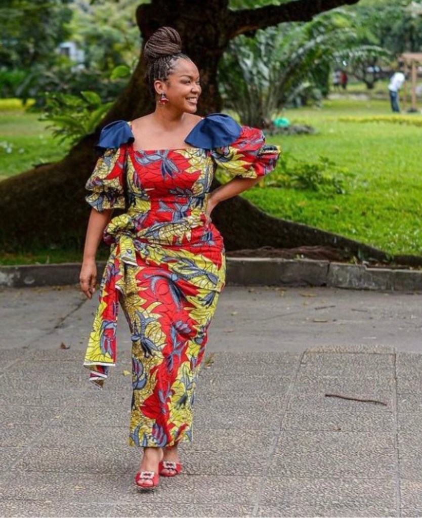 Vestido de capulana para senhoras, amarelo, vermelho e azul